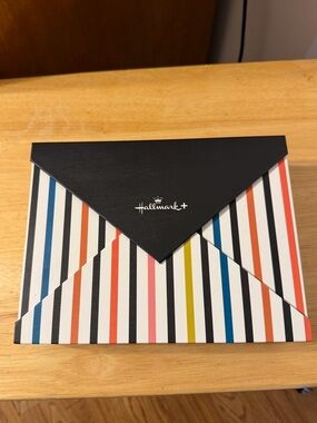 Hallmark+ Black Flap Striped Card Box with Multicolored Stripes